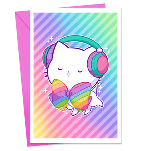 Bubble Kittea Headphones Rainbow Greeting Card
